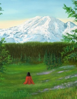 Painting by Nayaswami Jyotish: a figure in a red shawl sits in a green meadow facing a snow-capped mountain