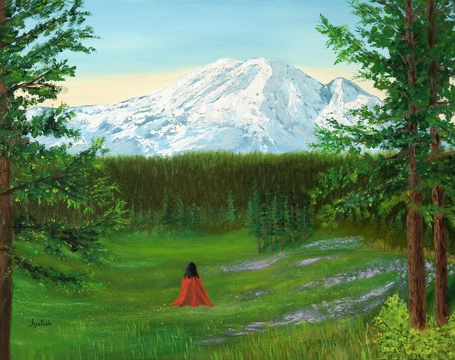 Painting by Nayaswami Jyotish: a figure in a red shawl sits in a green meadow facing a snow-capped mountain